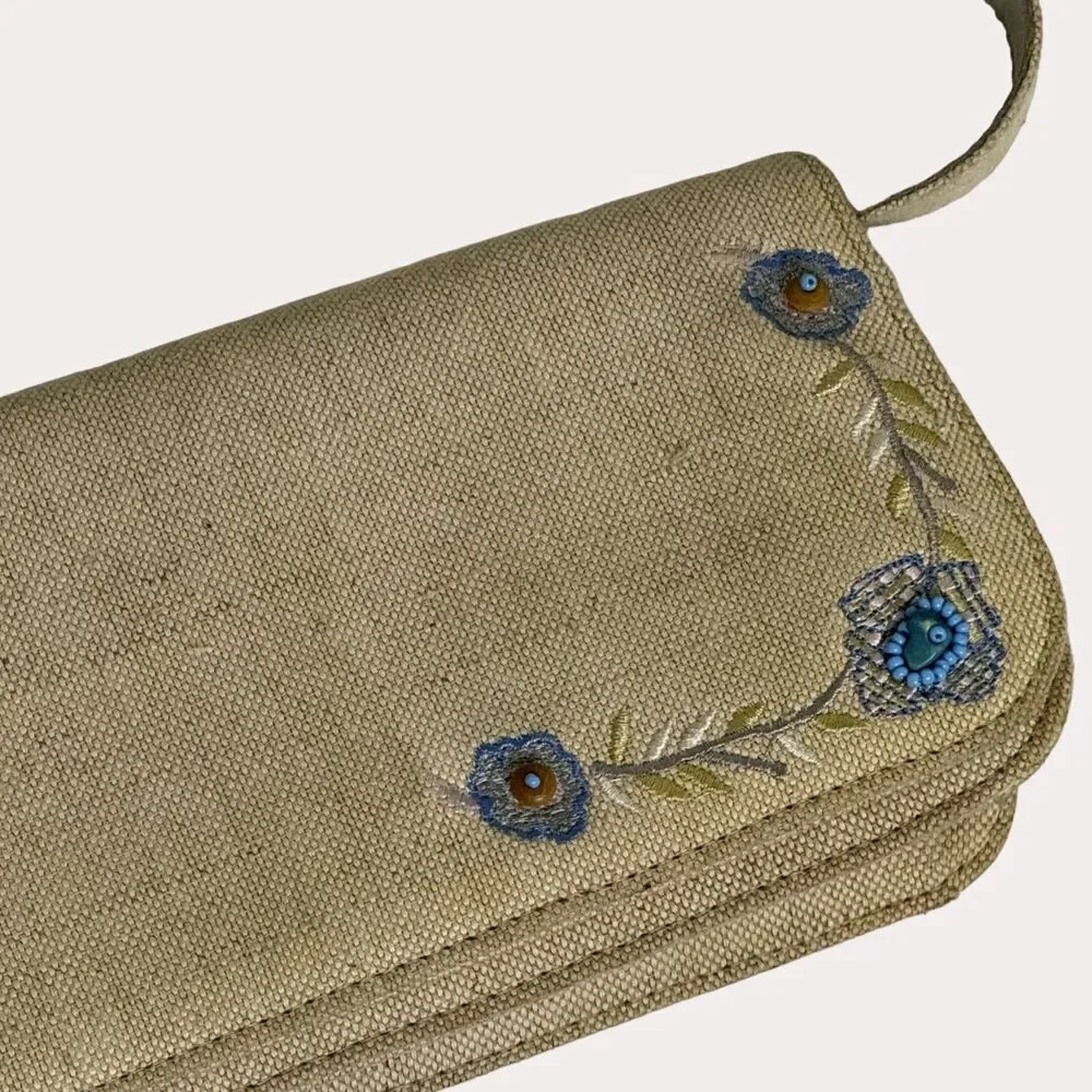 Menfis Embroidered Bead Canvas Satchel Purse Bag Floral Rectangle